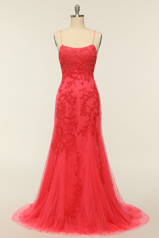 Robe de bal longue corail sans dos avec appliques