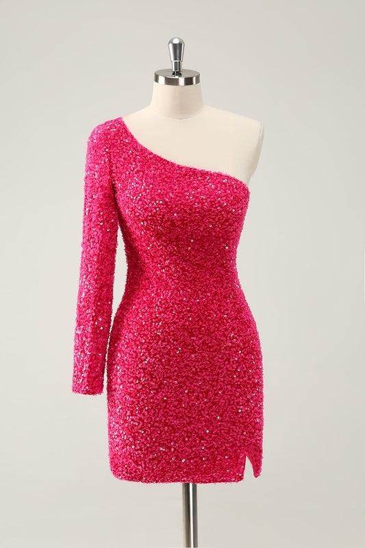 Robe de bal rose fuchsia à paillettes, asymétrique et fendue