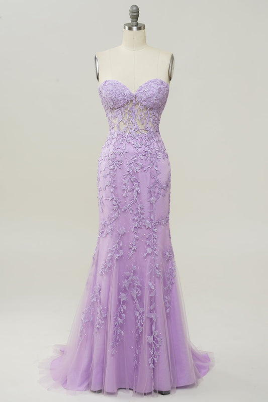 Robe de bal sirène violette à encolure cœur avec appliques