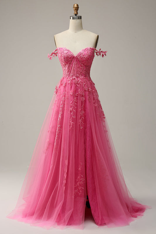 Vestido de Graduación Largo Rosa Intenso en Línea A con Hombros Descubiertos y Apliques