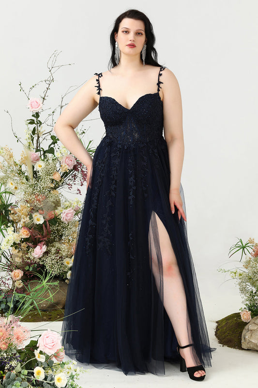 Plus Size Navy Blue A-Line Graduation Dress with Spaghetti Straps and Appliques