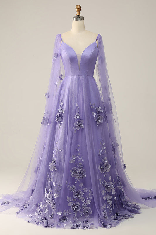Robe de bal violette style Watteau avec traîne et fleurs 3D