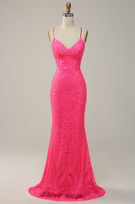Robe de bal longue sirène rose vif à bretelles spaghetti et sequins
