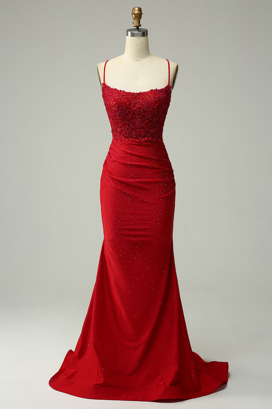 Dark Red Halter Mermaid Prom Dress with Appliques