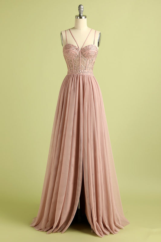 Robe de bal fendue rose Ă bretelles spaghetti