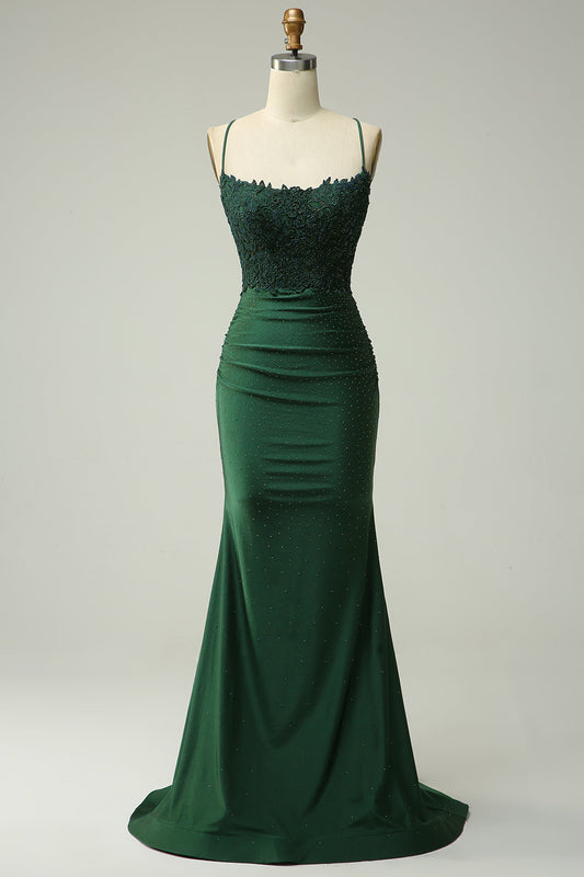 Dark Green Halter Neck Mermaid Long Prom Dress with Appliques and Beading