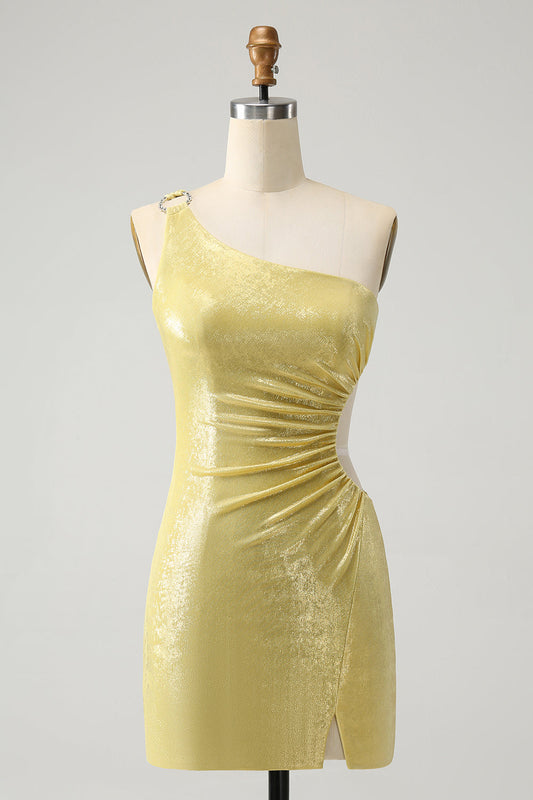 Robe courte de bal de fin d'année moulante jaune élégante à une épaule et découpes
