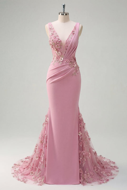 Robe de bal longue ruchée sirène Taro en V avec fleurs 3D appliquées