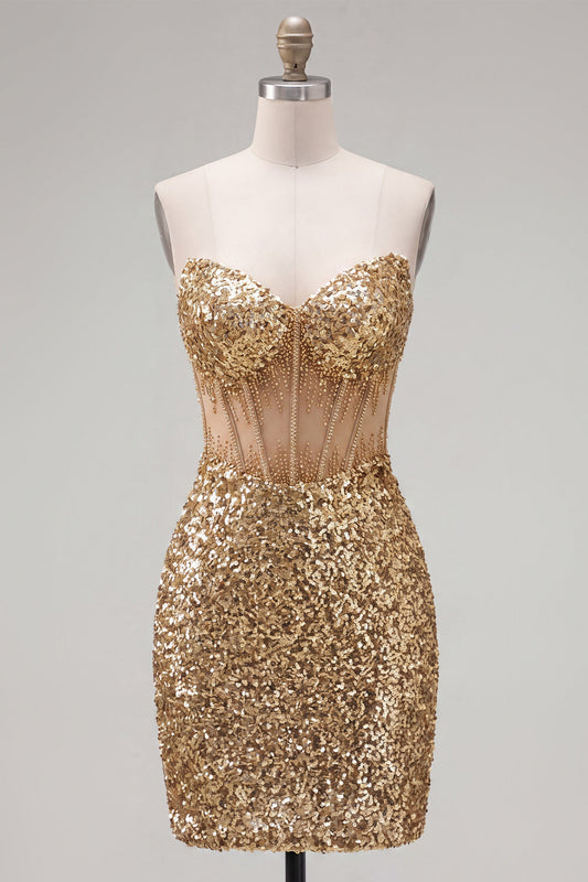Sparkly Golden Bodycon Sweetheart Sheer Corset Sequin Homecoming Dress