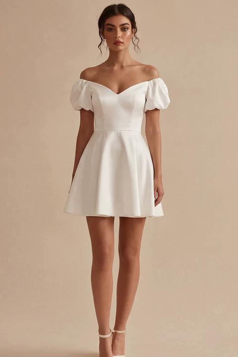 White Puff Sleeves Off-the-Shoulder Short A-Line Graduation Dress