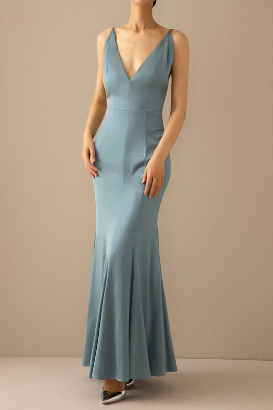 Robe longue de bal sirène bleue col en V
