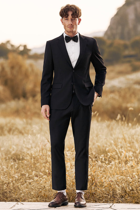 Costume de mariage homme noir revers crantés deux boutons