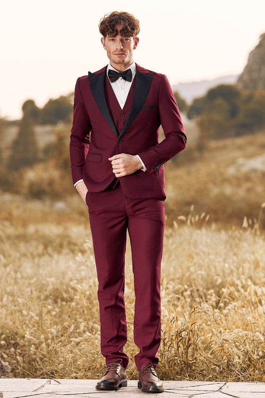 Costumes de bal pour homme bordeaux à revers pointus, 3 pièces