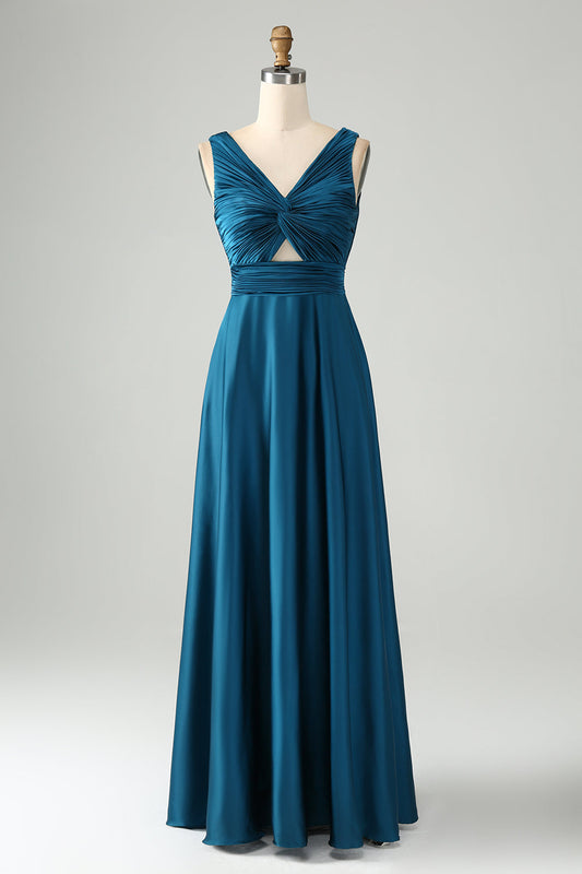 Ink Blue A-Line V-Neck Keyhole Long Bridesmaid Dress