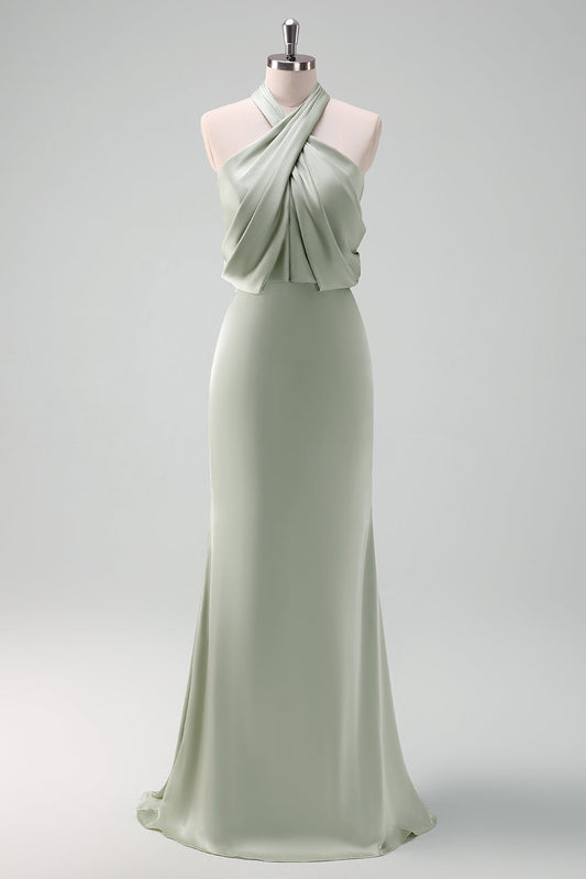 Robe longue de demoiselle d'honneur Dusty Sage à col halter en satin