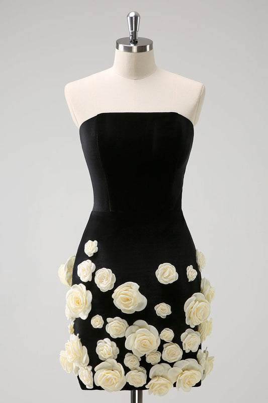 Robe courte de bal moulante noire sans bretelles avec fleurs en 3D