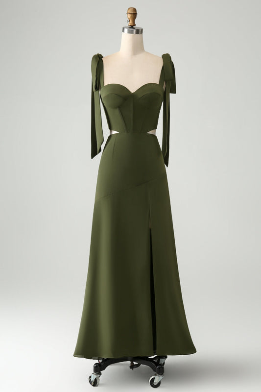 Robe longue de demoiselle d'honneur à fines bretelles fendue - Olive