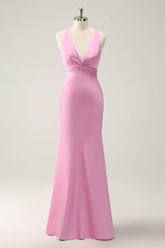 Robe longue de demoiselle d'honneur en satin rose col en V coupe sirĂšne