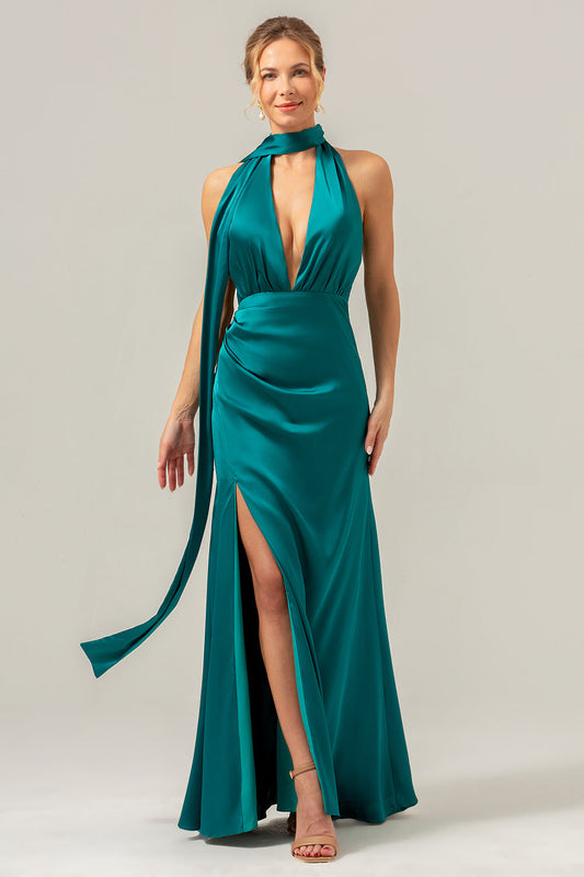Robe longue de demoiselle d'honneur fendue à col en V dos nu bleu paon