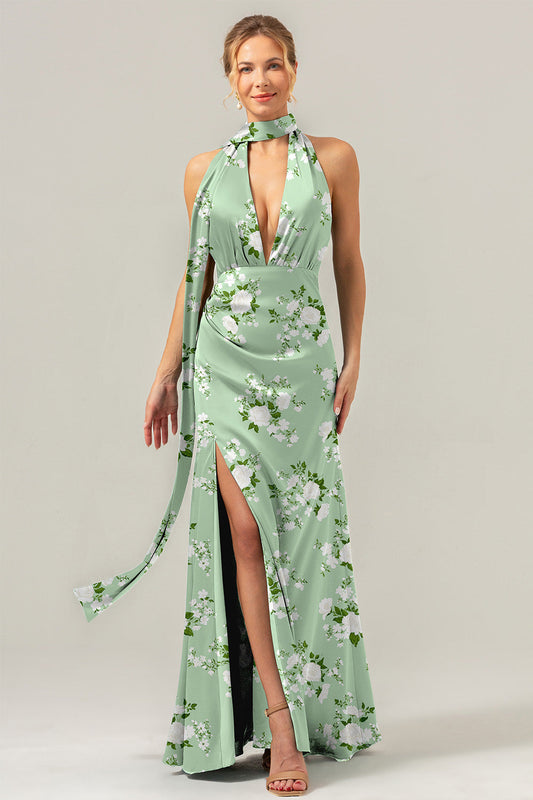 Robe longue de demoiselle d'honneur fendue, col en V, dos nu, couleur blanc sauge