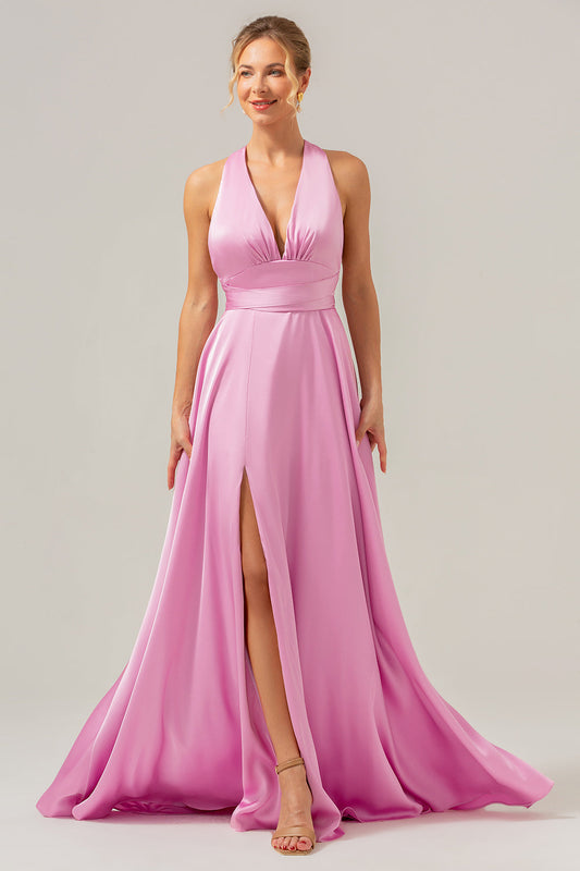 Robe longue de demoiselle d'honneur fendue en satin rose coupe évasée avec décolleté en V et dos nu