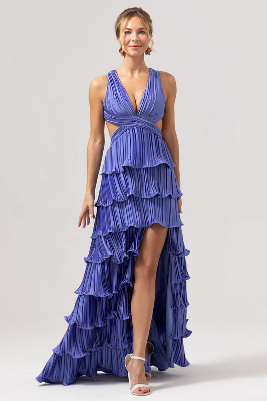 Robe longue de demoiselle d'honneur trapèze violette à col en V, plissée, à plusieurs niveaux, à lacets au dos, avec fente.
