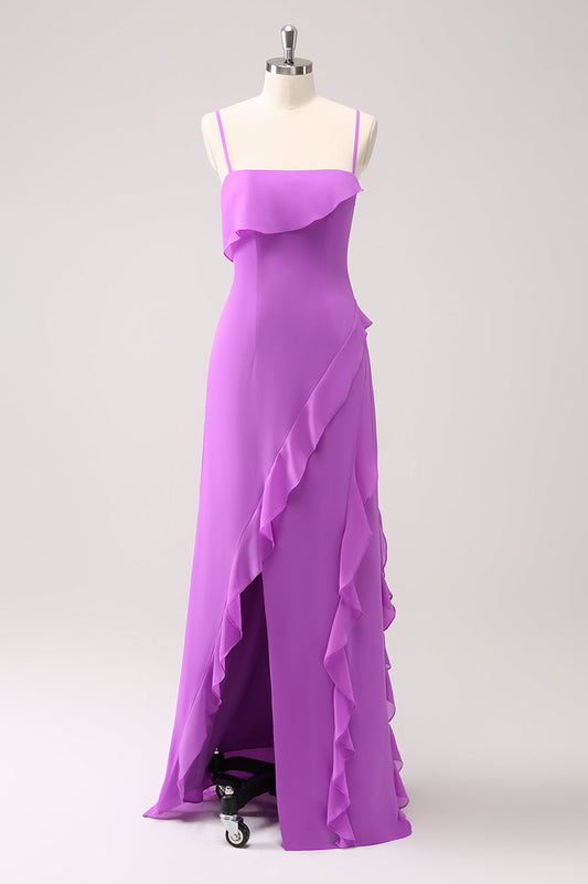 Robe longue de demoiselle d'honneur en mousseline Tahiti à volants, bretelles spaghetti et fente