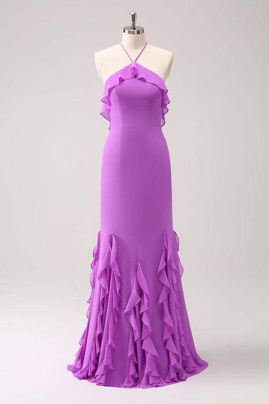 Robe longue de demoiselle d'honneur en mousseline à volants et licou Tahiti Mermaid