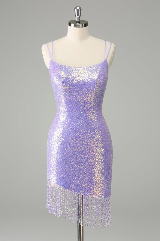 Robe Courte de Soirée Moulante à Paillettes Scintillantes Lilas avec Pompoms