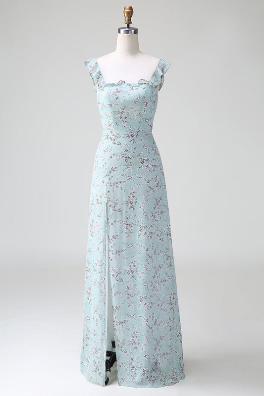 Robe longue de demoiselle d'honneur fendue vert-gris à imprimé floral