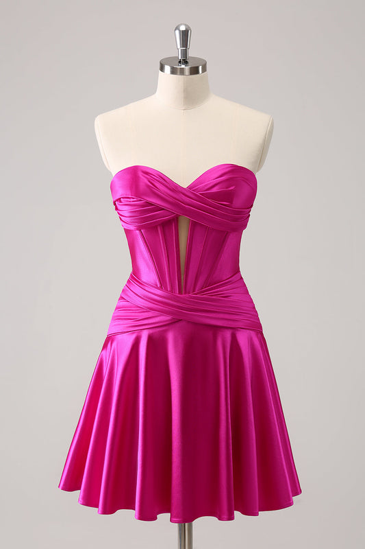 Robe courte de bal de fin d'année corset bustier fuchsia coupe trapèze