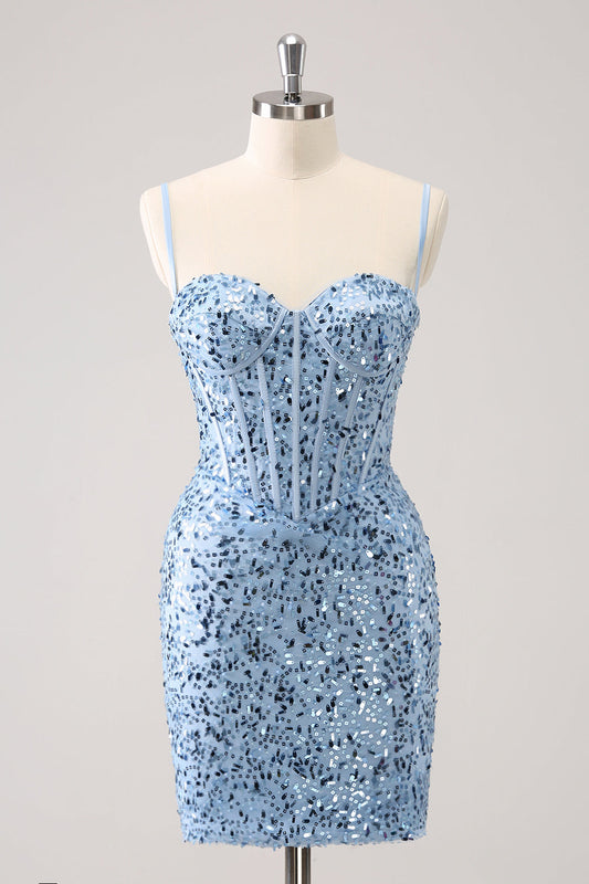 Robe de soirée à fines bretelles, ajustée, à sequins bleus scintillants