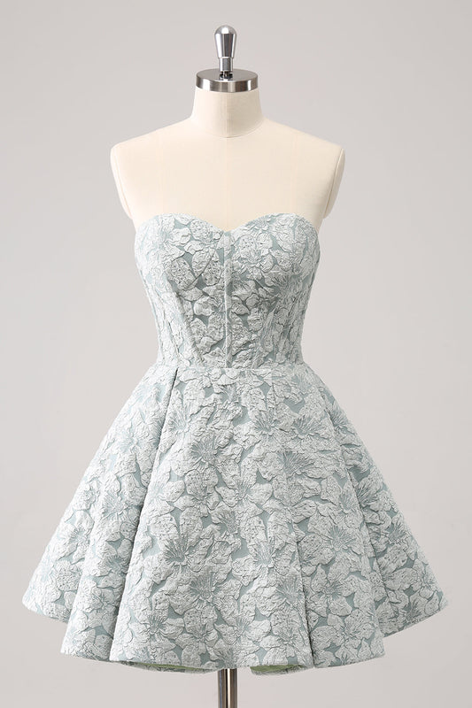 Robe courte de cocktail trapèze bustier verte grise à imprimé floral