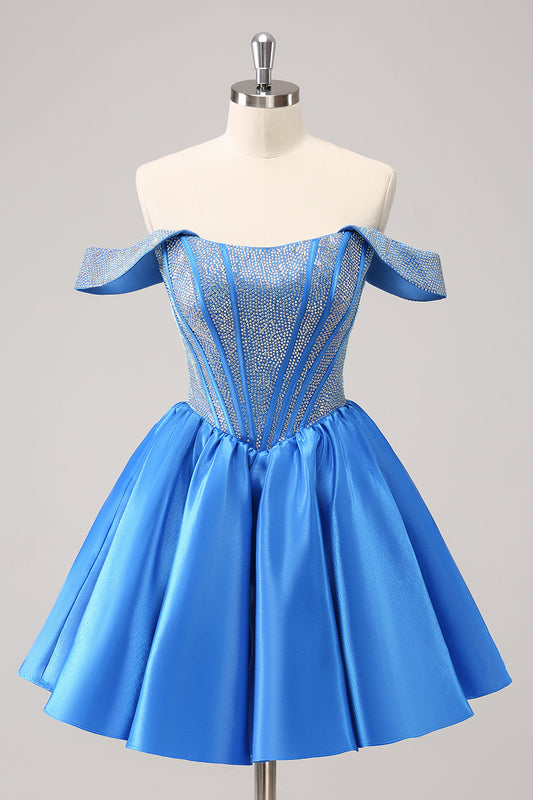 Robe de bal satinée trapèze bleu scintillant ornée de perles, épaules dénudées