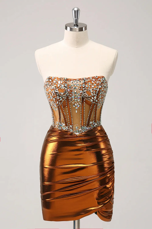 Robe Courte de Soirée à Bretelles, Corset en Cuivre Perlée et Plissée, Ajustée
