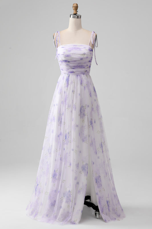 Lavender Flower Spaghetti Straps A-Line Long Bridesmaid Dress with Slit