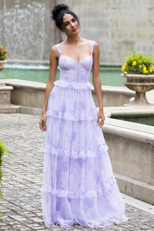 Robe de soirée/mariage évasée lavande à corset avec fines bretelles et motif floral à plusieurs niveaux