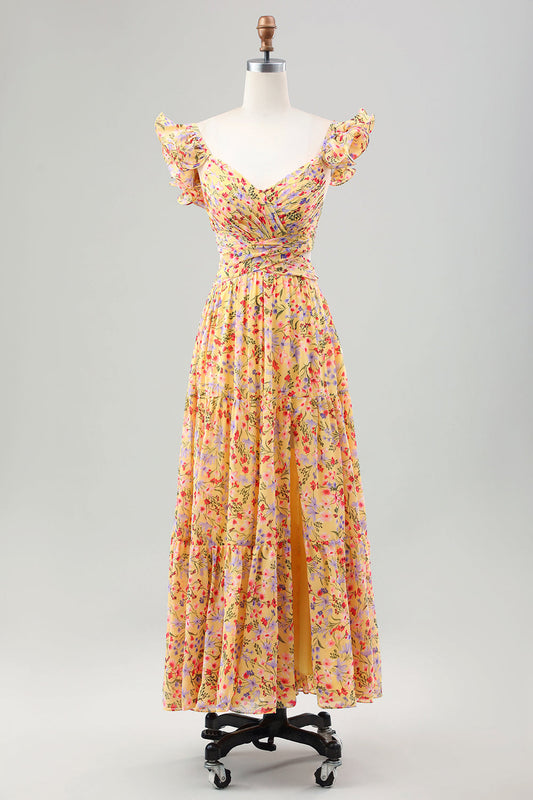 Robe Jaune Fleurie Col en V Plissée avec Fente Coupe Trapèze pour Invitée de Mariage