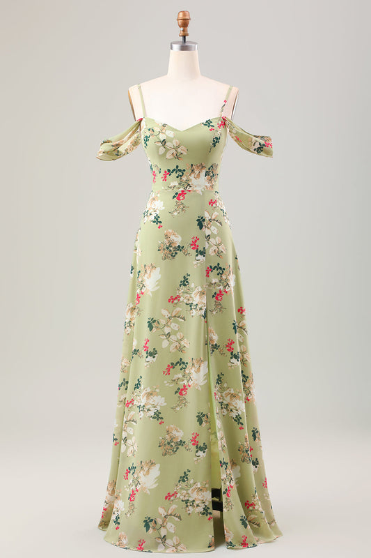 Robe de demoiselle d'honneur fendue trapèze verte à bretelles spaghetti et imprimé floral