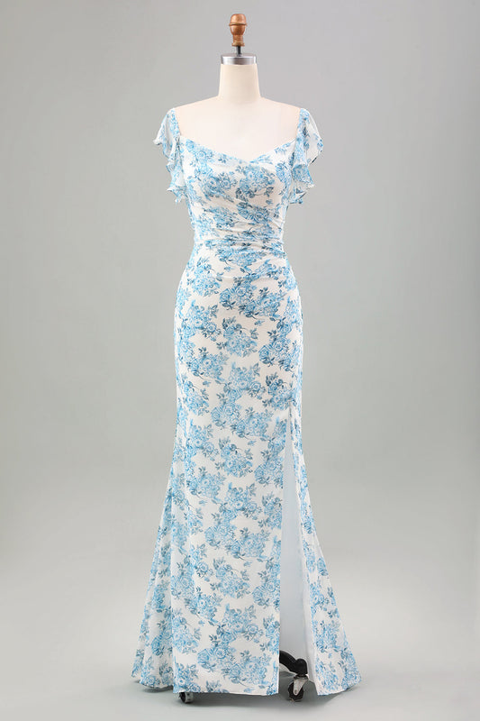 Robe longue de sirène blanche à fleurs bleues avec fente pour invitée de mariage