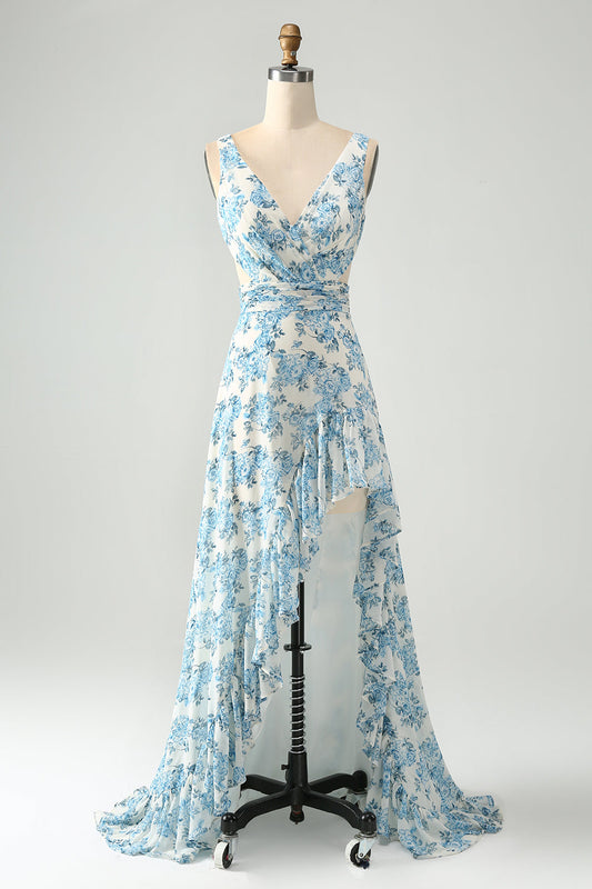 Robe invité de mariage asymétrique à volants coupe trapèze fleurie bleue et blanche