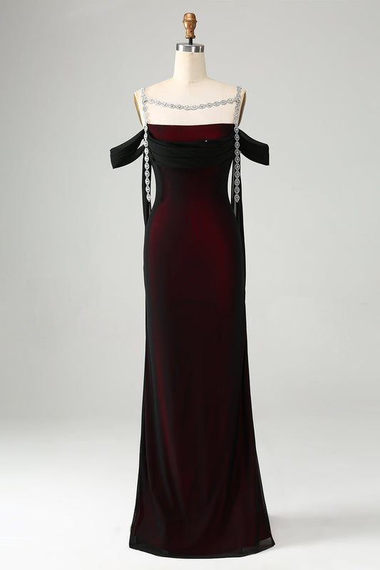 Robe longue de demoiselle d'honneur à épaules dénudées style sirène rouge noir scintillant