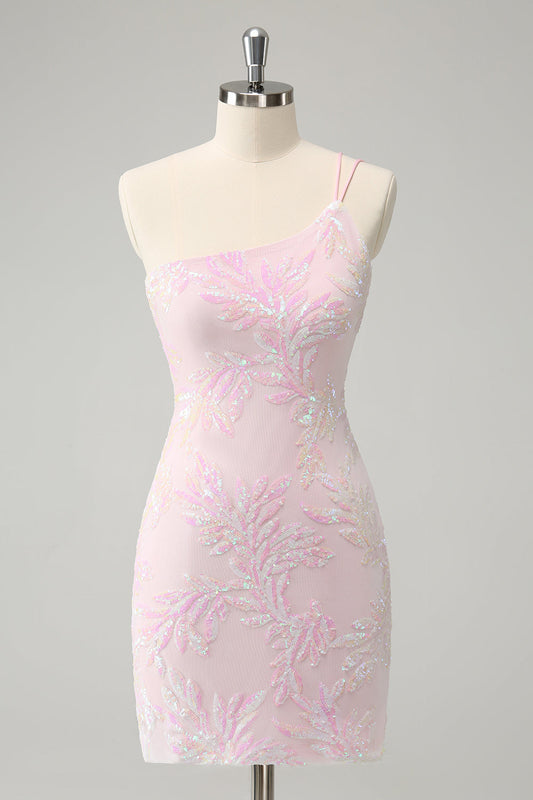 Robe de bal moulante rose pailletée à une épaule avec sequins