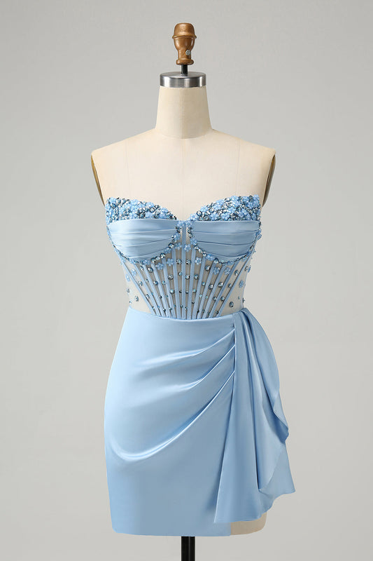 Robe de bal de fin d'année moulante bleue étincelante avec corset en cœur et perles