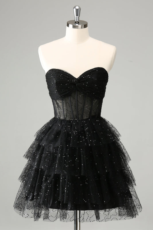 Sparkly A-Line Black Sweetheart Tiered Corset Cute Homecoming Dress