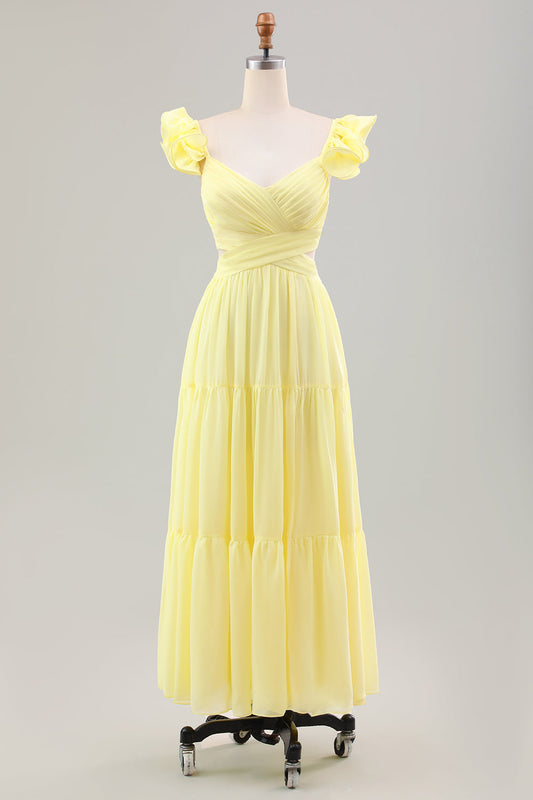 Robe de cocktail plissée en ligne A avec volants jaune citron simple