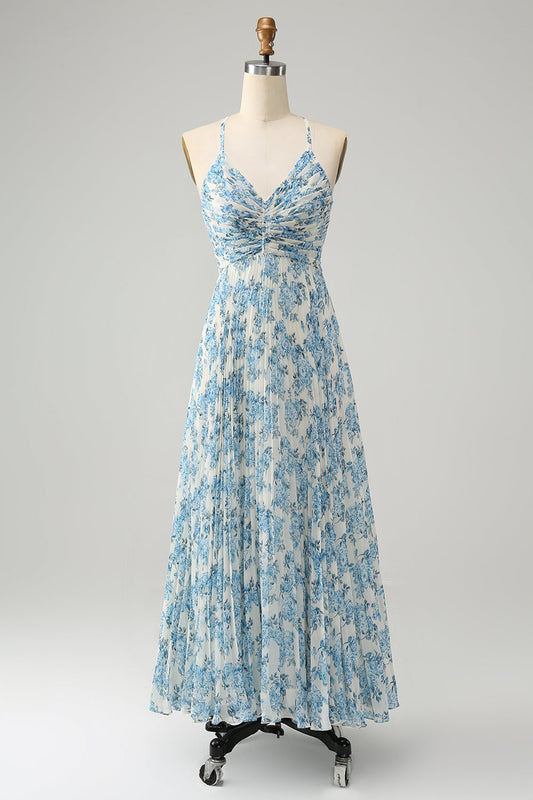 Robe d'invitée de mariage trapèze à fines bretelles et motif floral blanc et bleu