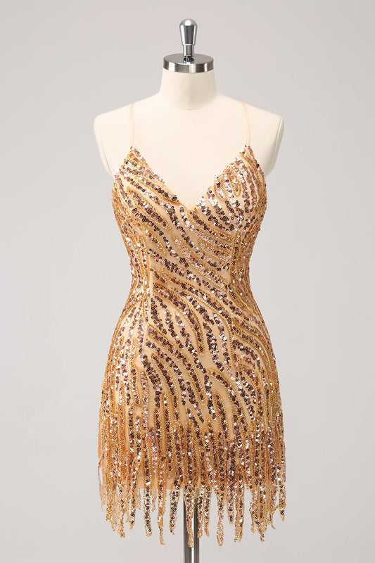 Sparkly Gold Tight Sequin V Neck Homecoming Dress with Fringes
