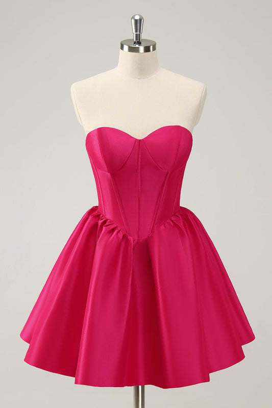 Robe de bal de fin d'année mignonne en satin, corset décolleté cœur, ligne A, couleur fuchsia