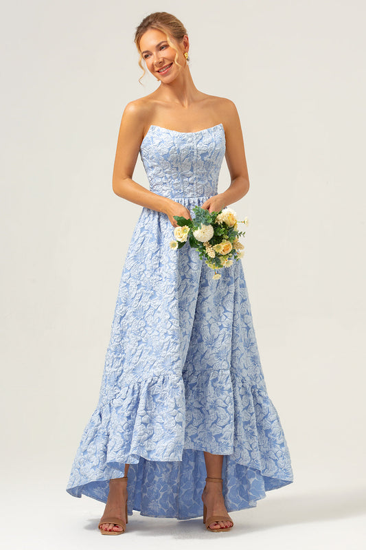 Robe de demoiselle d'honneur trapèze, bustier, bleu floral, asymétrique
